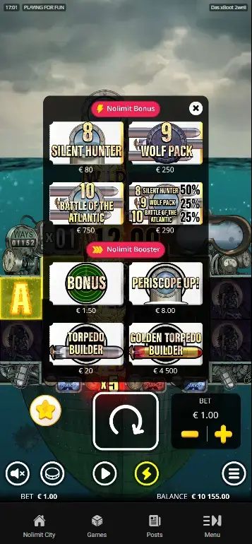 Das xBoot 2wei Nolimit City bonus buy menu with all purchase options