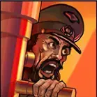 Red symbol with a mustachy guy screaming and aiming